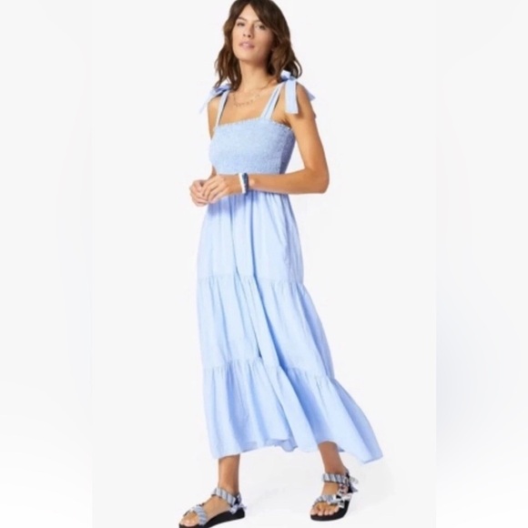 Xirena Lorraine Smocked Tiered Cotton Midi Dress Blue Cottage Prairie Summer XS - Picture 1 of 8